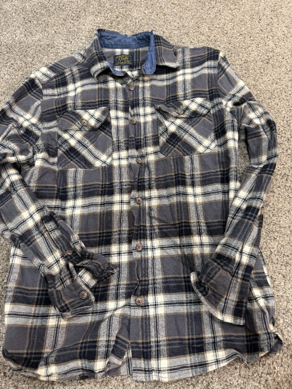 Jachs Men's Medium Gray & Blue Plaid Flannel Shirt 100% Cotton Button Down